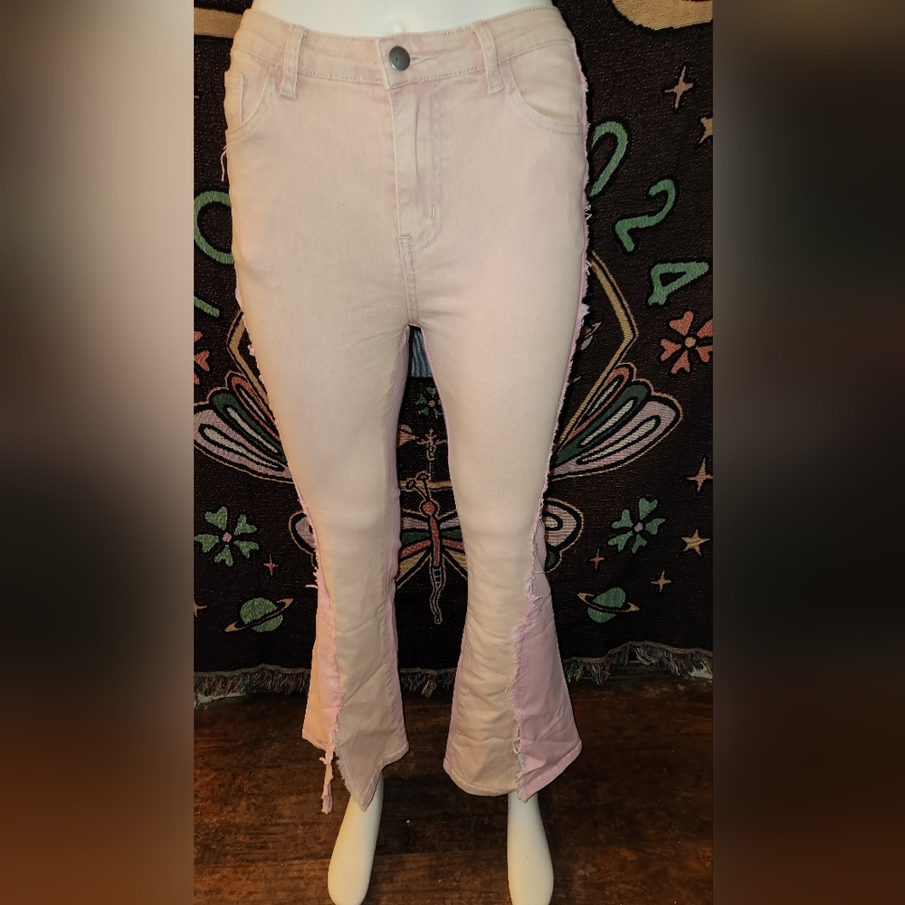 POL Pink Denim Split Kick Flare Jeans w/stretch